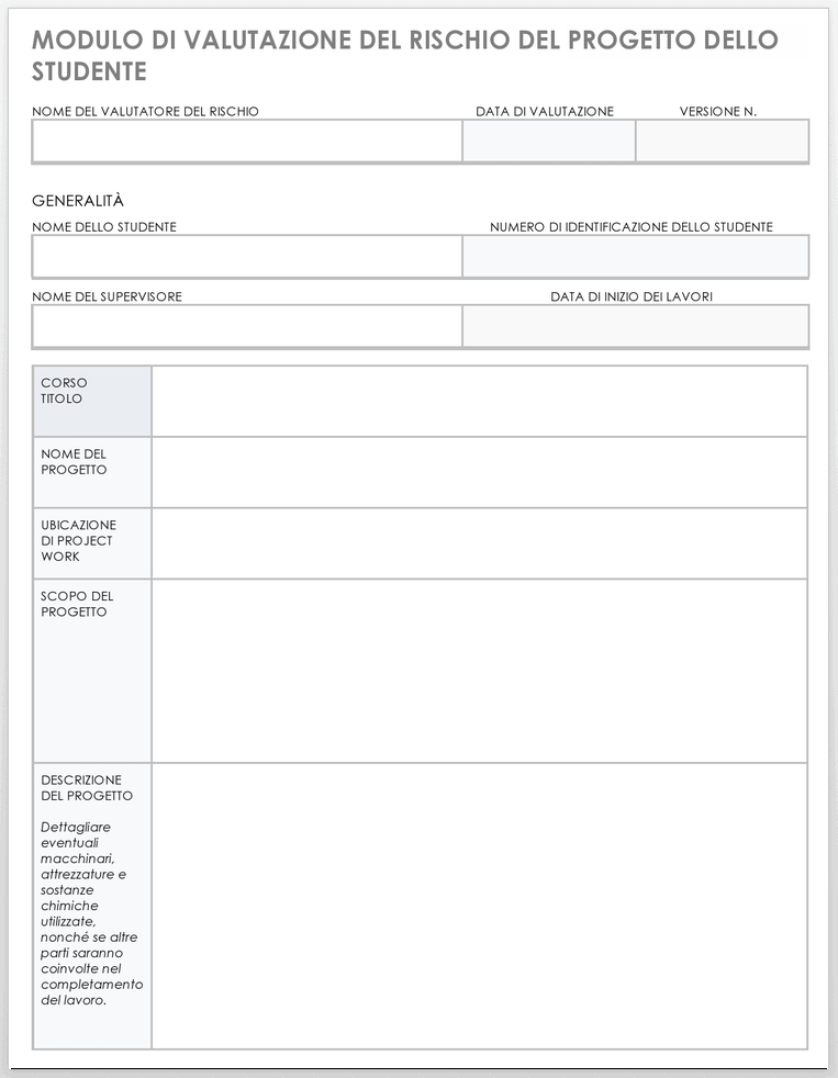 Modello di modulo per la valutazione del rischio del progetto dello studente