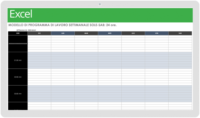 Modello di orario di lavoro settimanale da domenica a sabato