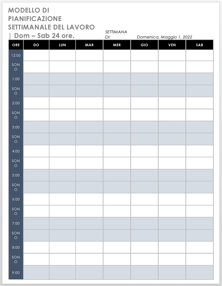 Modello di pianificazione dom-sab-settimanale-24 ore