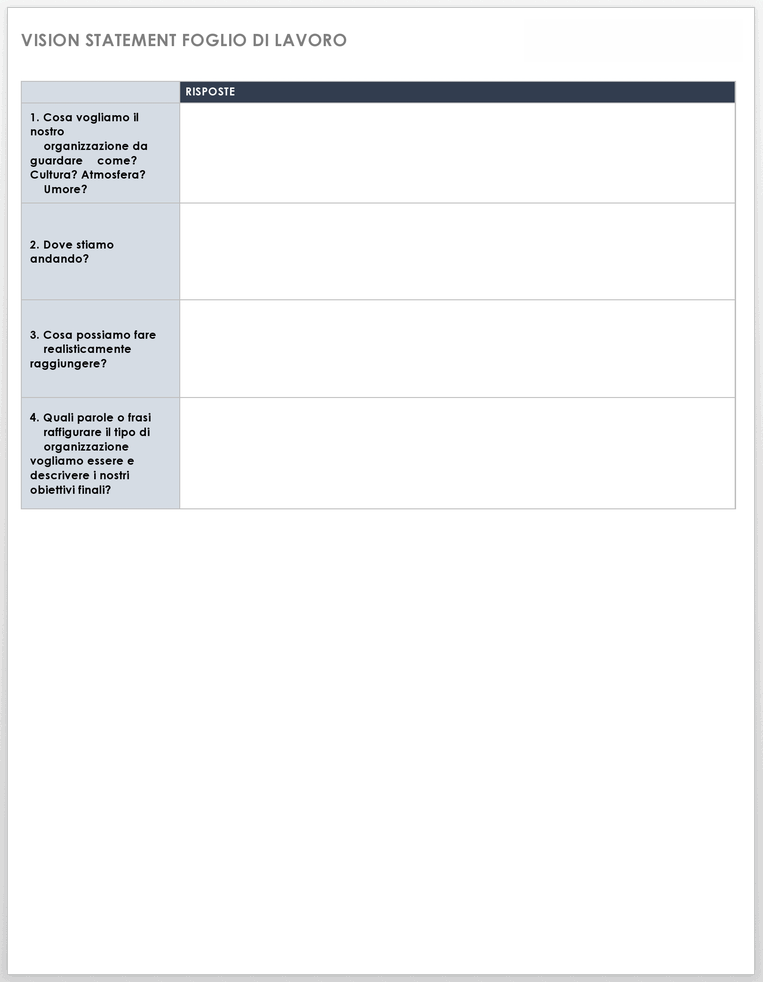 Modello di foglio di lavoro di dichiarazione di visione