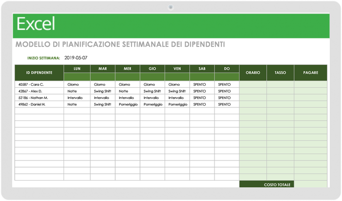 Modello di pianificazione settimanale dei dipendenti