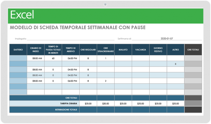 Modello di scheda orario settimanale con pause