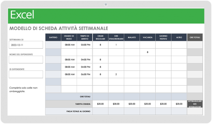 Modello di scheda attività settimanale