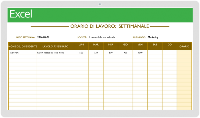 Modello di orario di lavoro settimanale