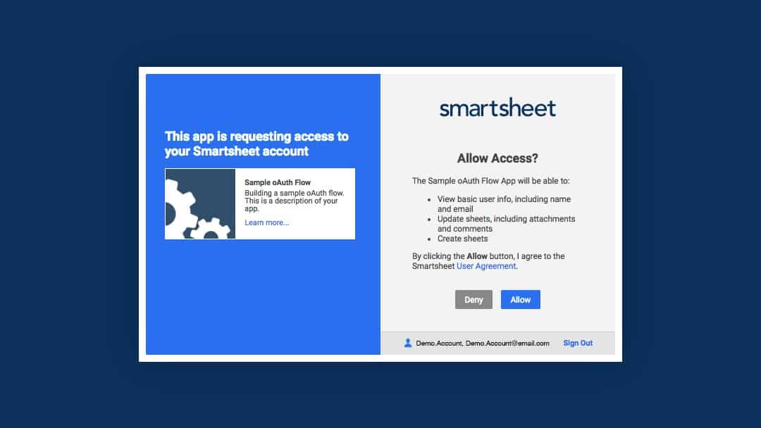 Smartsheet へのアクセスを許可するための画面キャプチャ