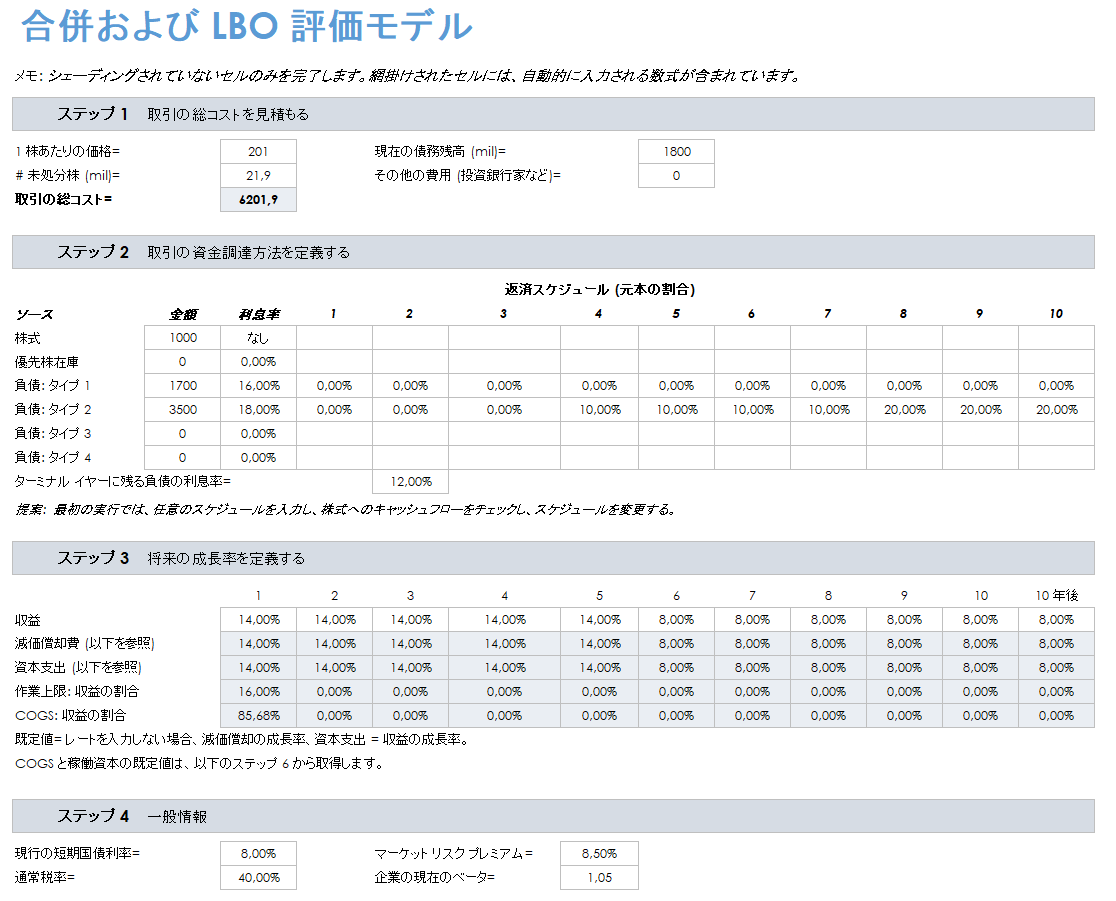 MA 合併および LBO 評価モデル テンプレート