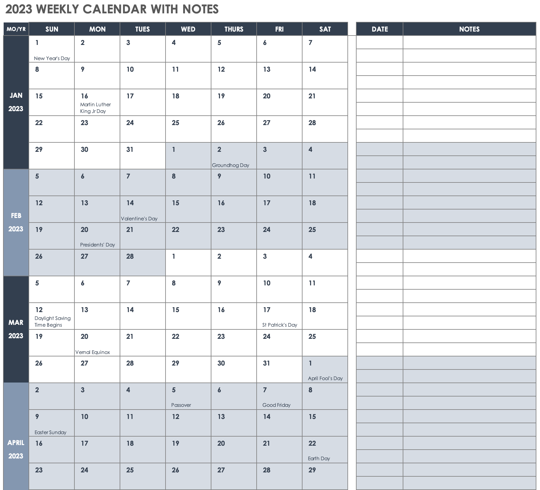 2023 Weekly Calendar with Notes