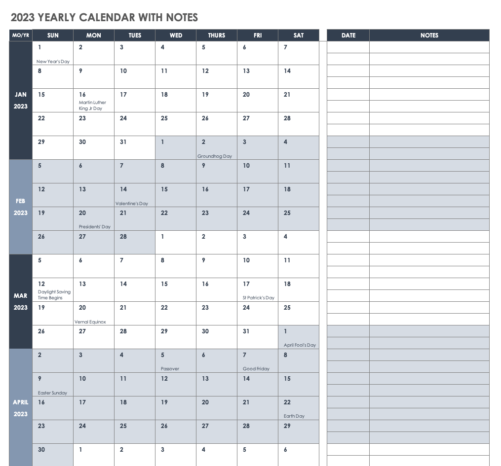 2023 Yearly Calendar with Notes