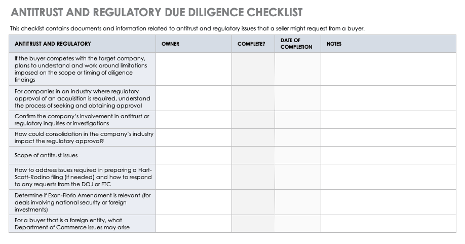 Antitrust and Regulatory Due Diligence Checklist