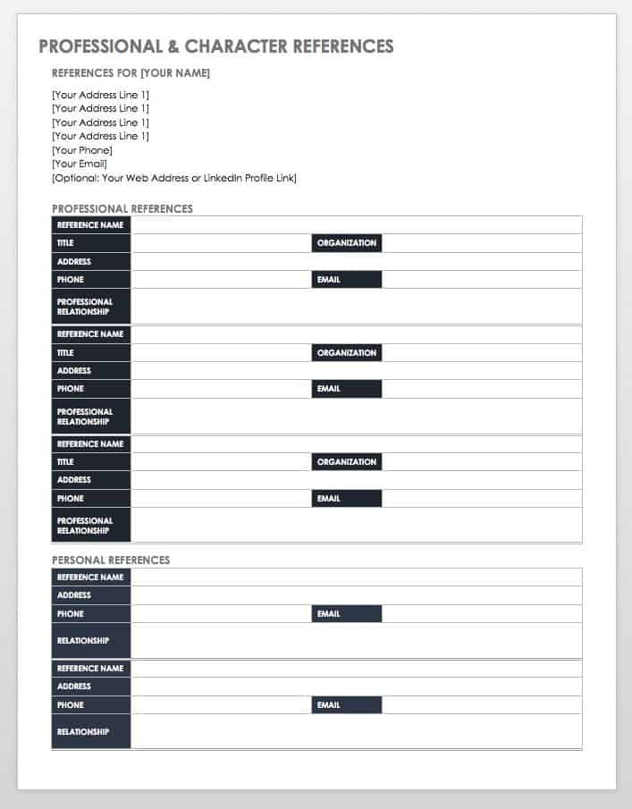 有限公司mbo Professional and Character Reference List Template