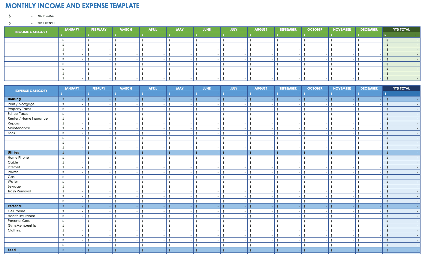 每月收入和支出模板