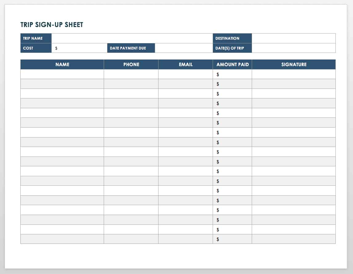 Trip Sign-up Sheet Template