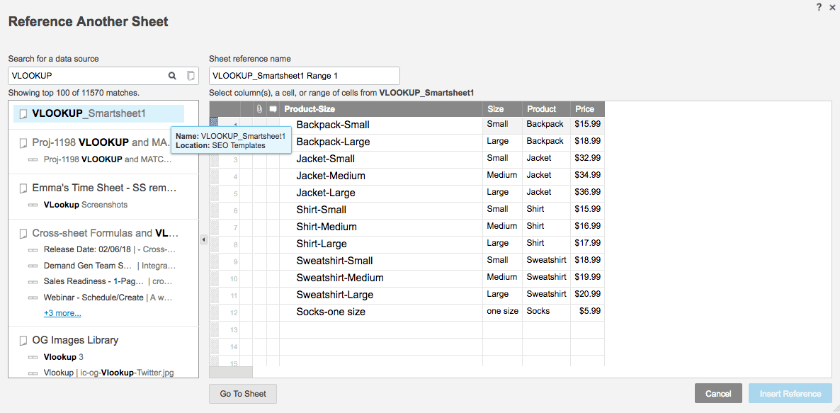 VLOOKUP Smartsheet choose sheet