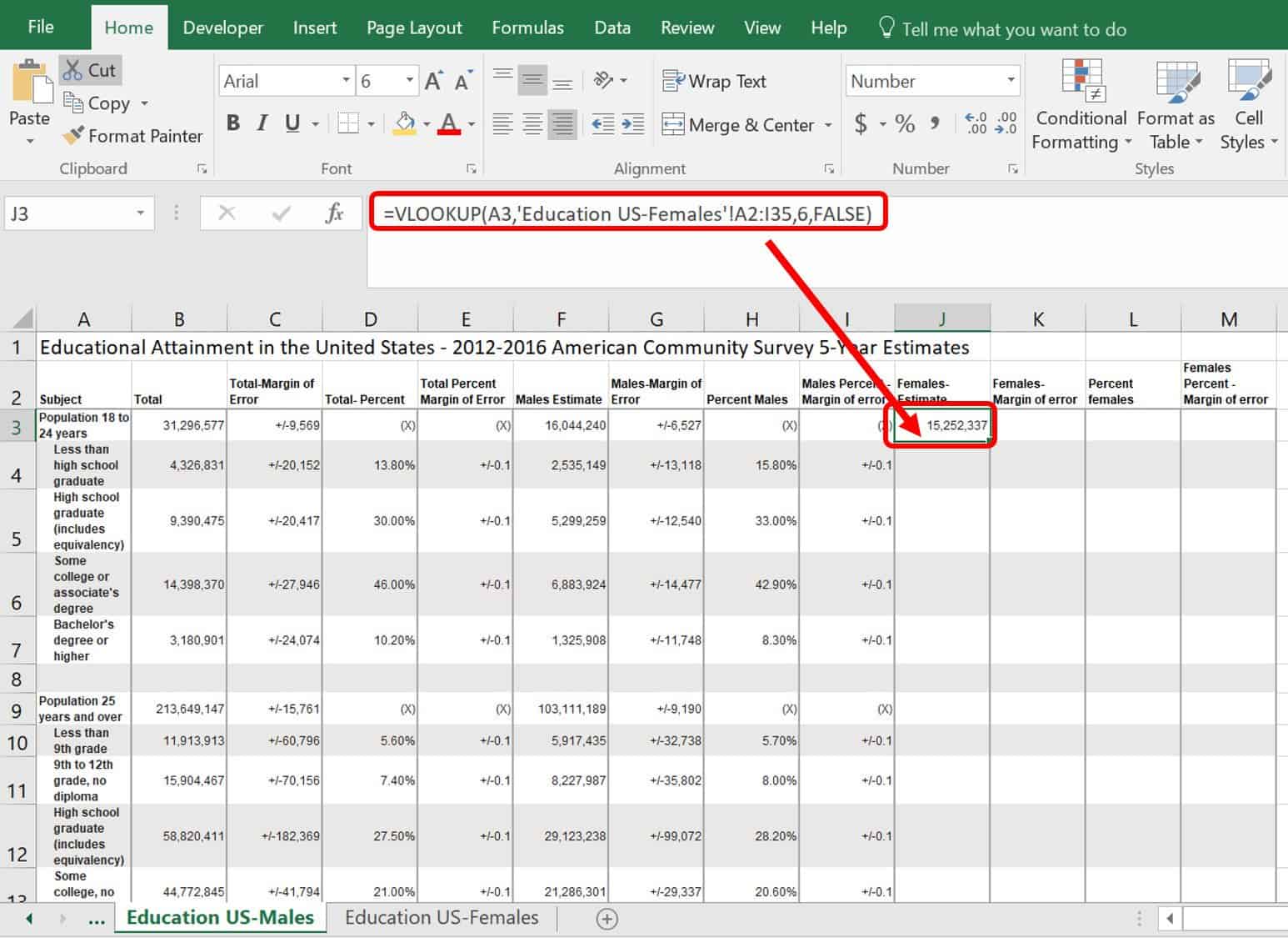 VLOOKUP Excel combine data sets formula