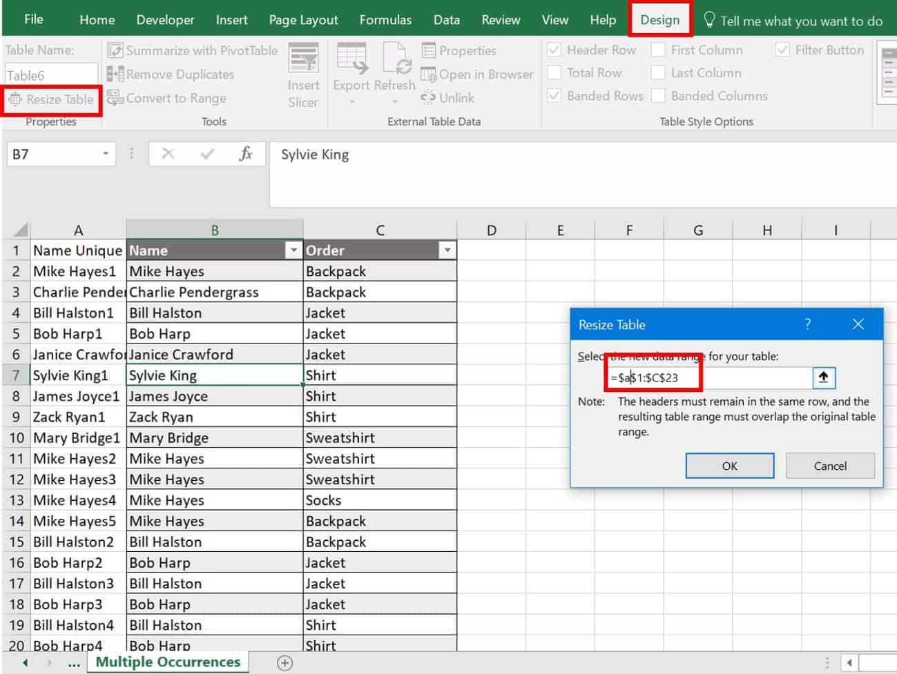 VLOOKUP resize table